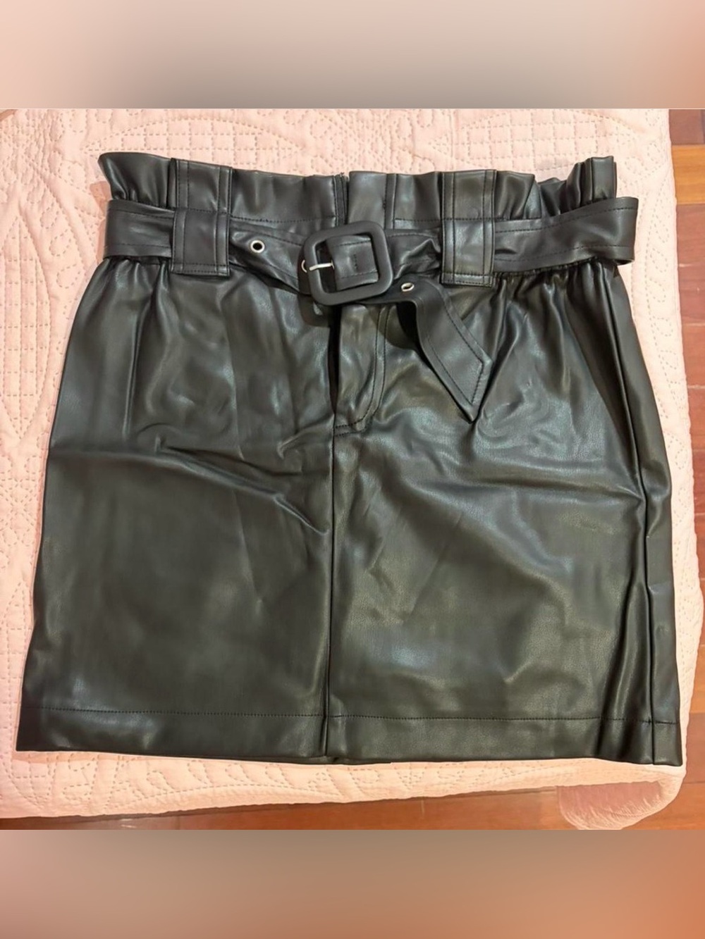 Black Faux Leather Paperbag Waist Skirt with Belt